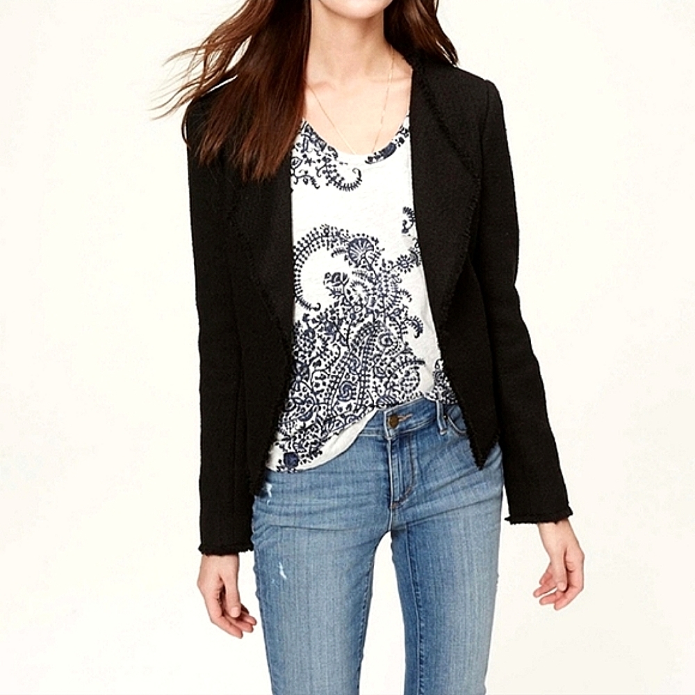 Ann Taylor LOFT  Tweed Soft Fringe Detail Trim Black Blazer Jacket